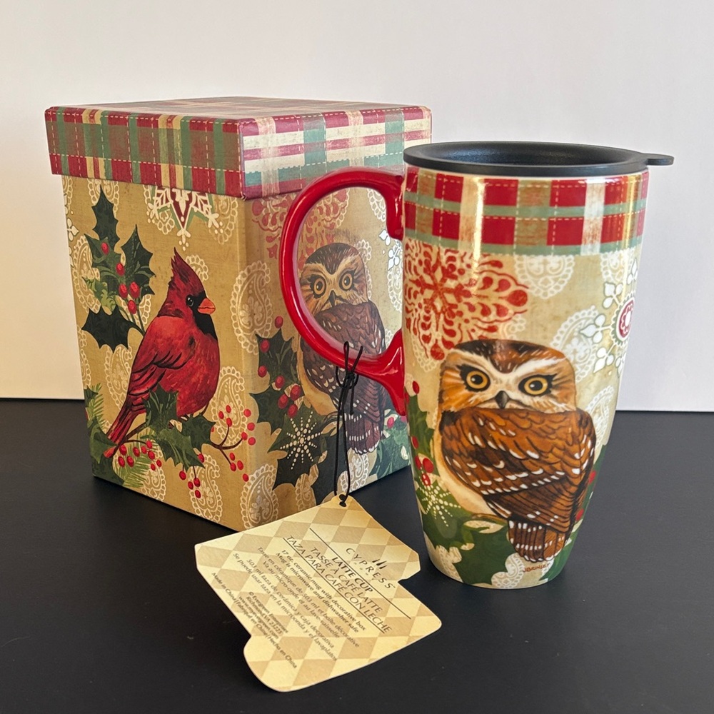 Cypress Owl Red Cardinal Travel Mug Latte Cup with Gift Box